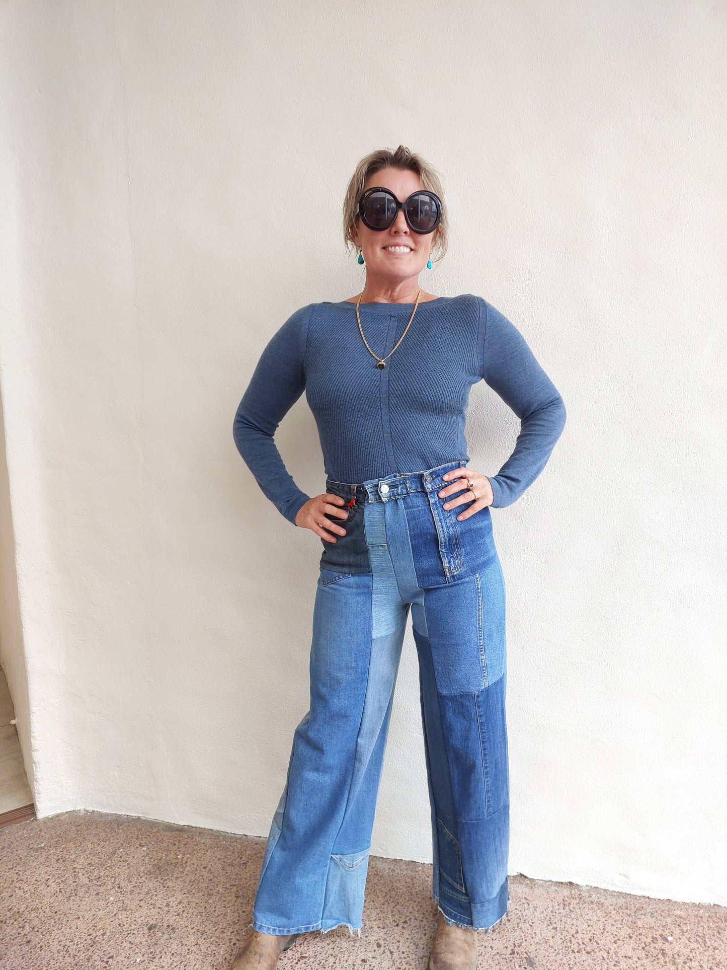 Women's BLUE denim patchwork wide leg jeans