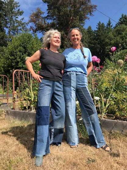 Women's BLUE denim patchwork wide leg jeans