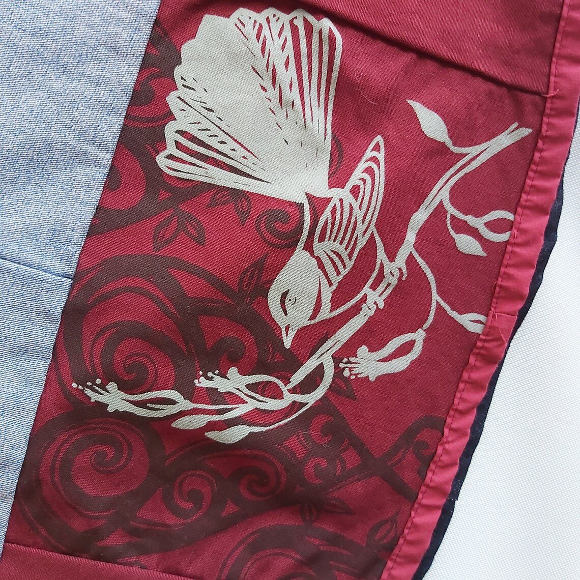 Denim and Red screen print Skirt with fantail - Heke design
