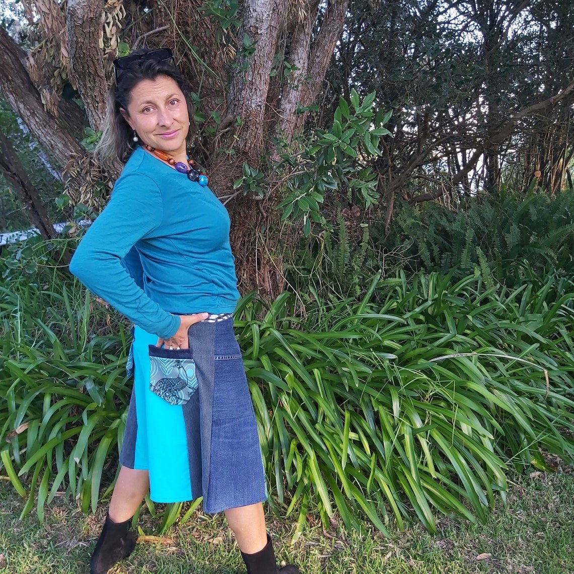 Denim and tourquise Skirt With Peacock print - Heke design