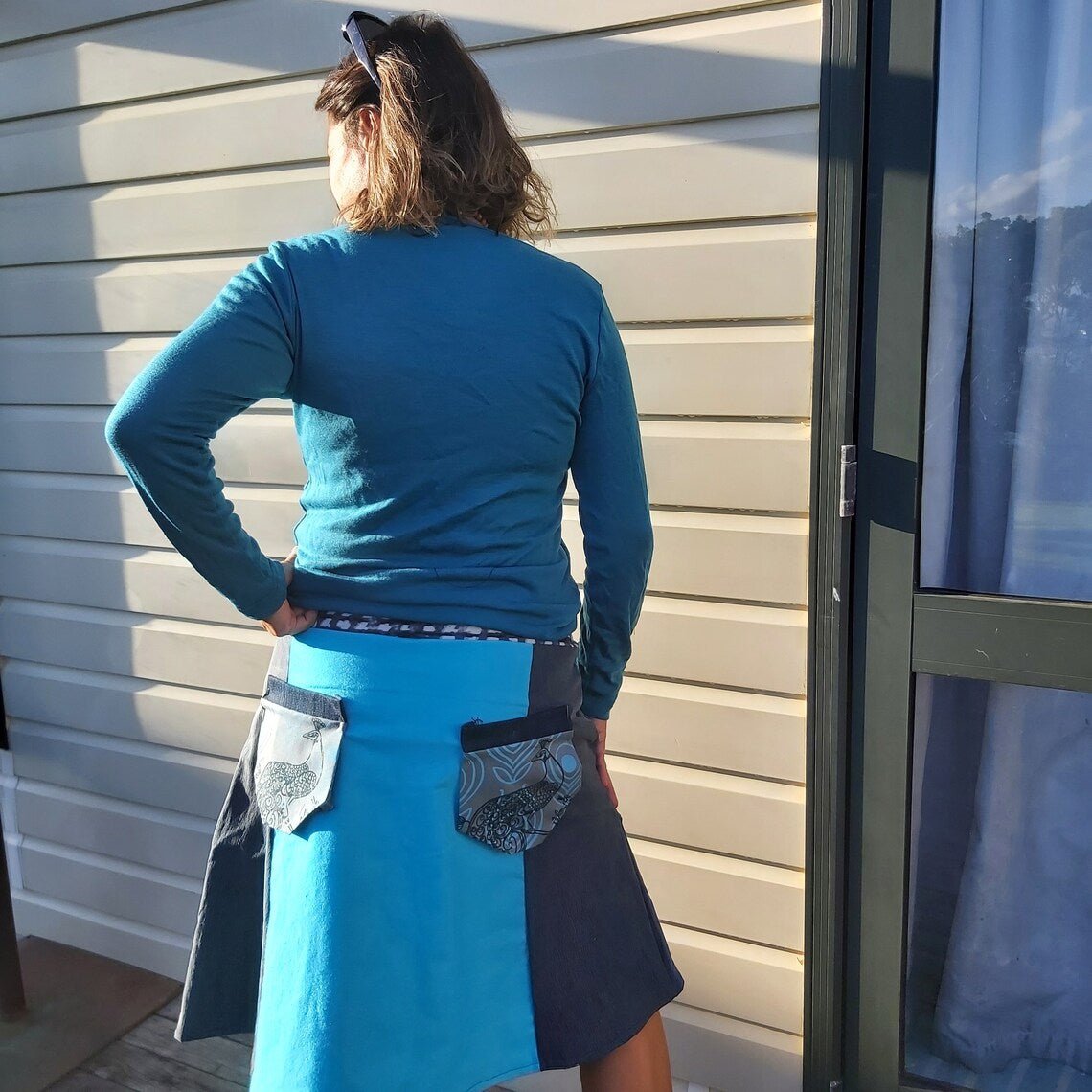 Denim and tourquise Skirt With Peacock print - Heke design