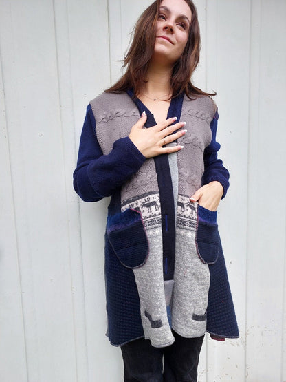 Handmade Navy and Grey Wool Coat Patchwork Cardigan Boho - Heke design