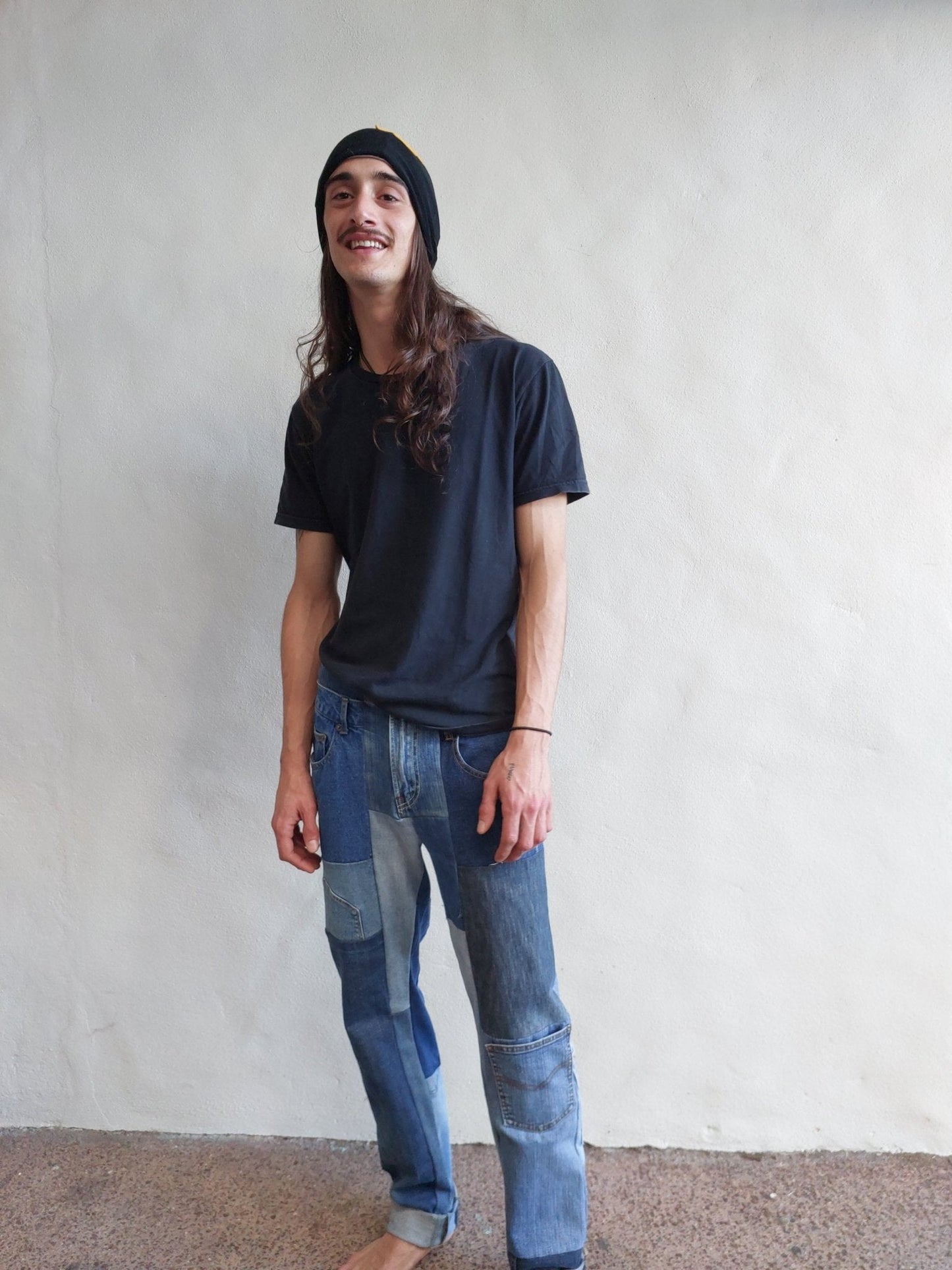 Mens BLUE denim patchwork jeans - Heke design