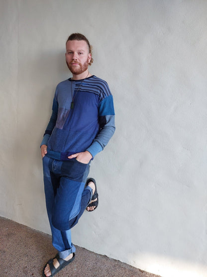 Mens BLUE denim patchwork jeans - Heke design