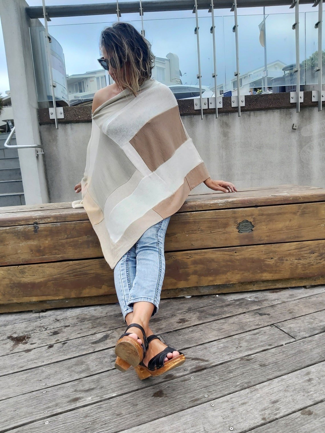 Merino Wool Poncho Beige /Cream - Heke design