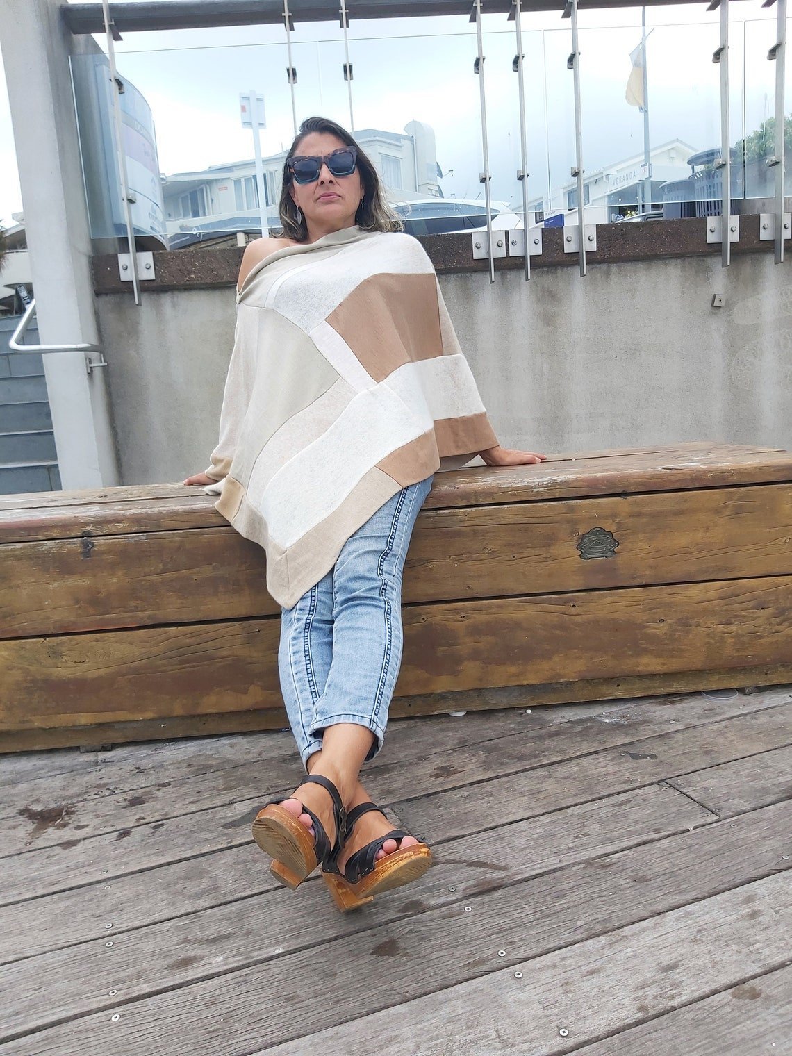 Merino Wool Poncho Beige /Cream - Heke design