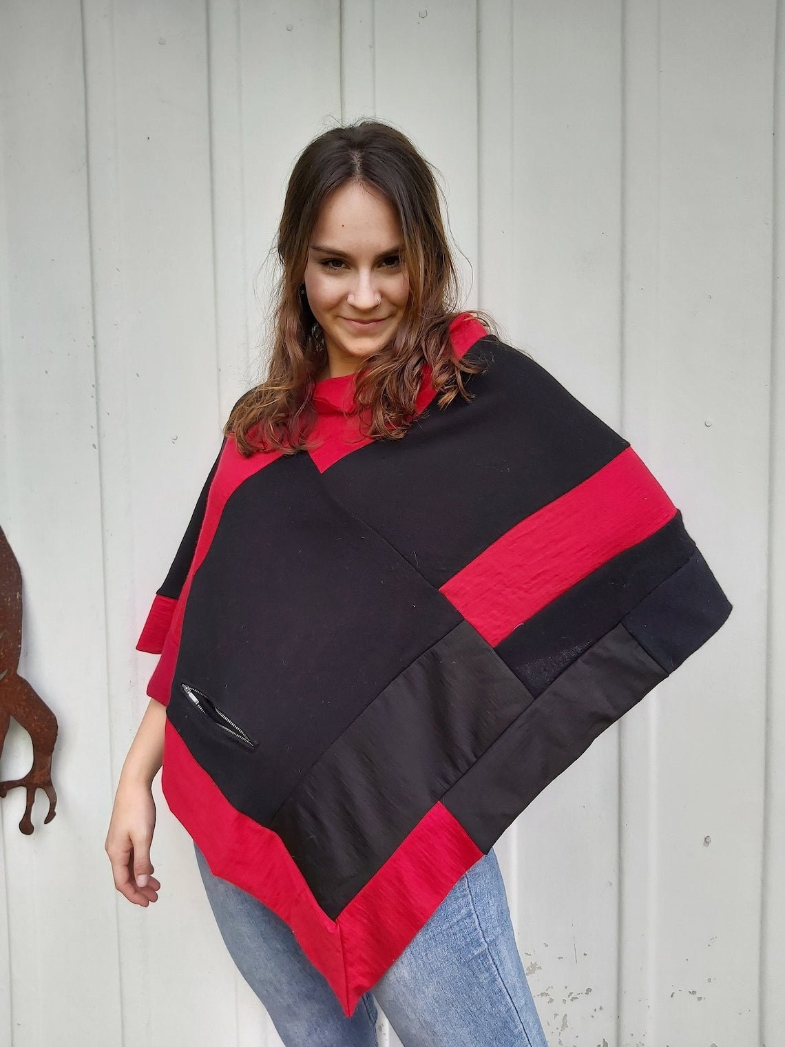 Merino Wool Poncho Women Red and Black Shawl Upcycled Poncho - Heke design