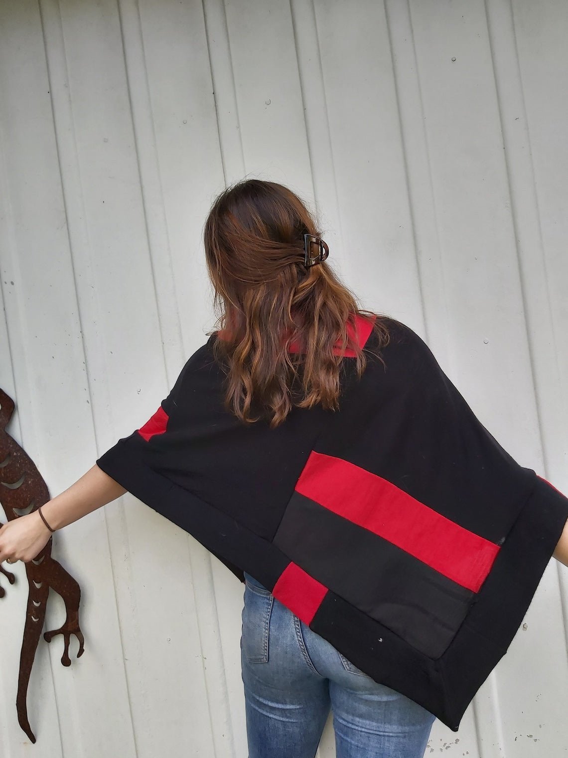 Merino Wool Poncho Women Red and Black Shawl Upcycled Poncho - Heke design