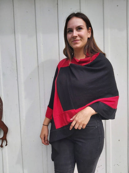 Merino Wool Poncho Women Red and Black Shawl Upcycled Poncho - Heke design