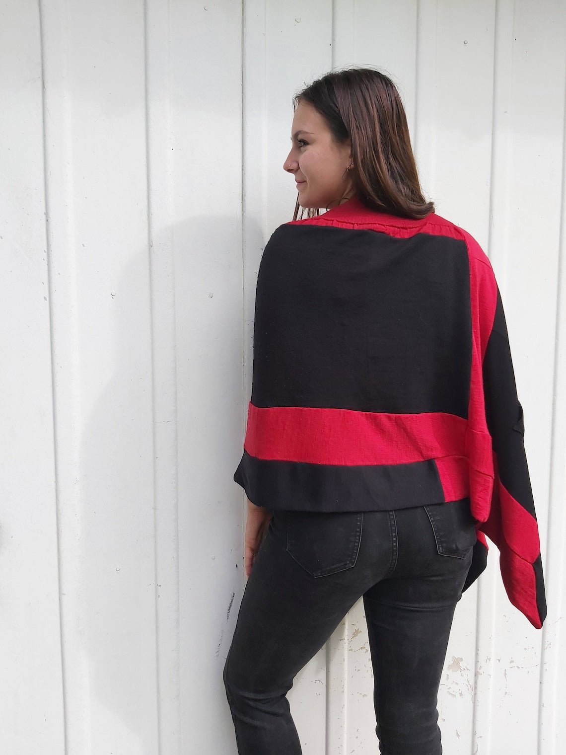 Merino Wool Poncho Women Red and Black Shawl Upcycled Poncho - Heke design