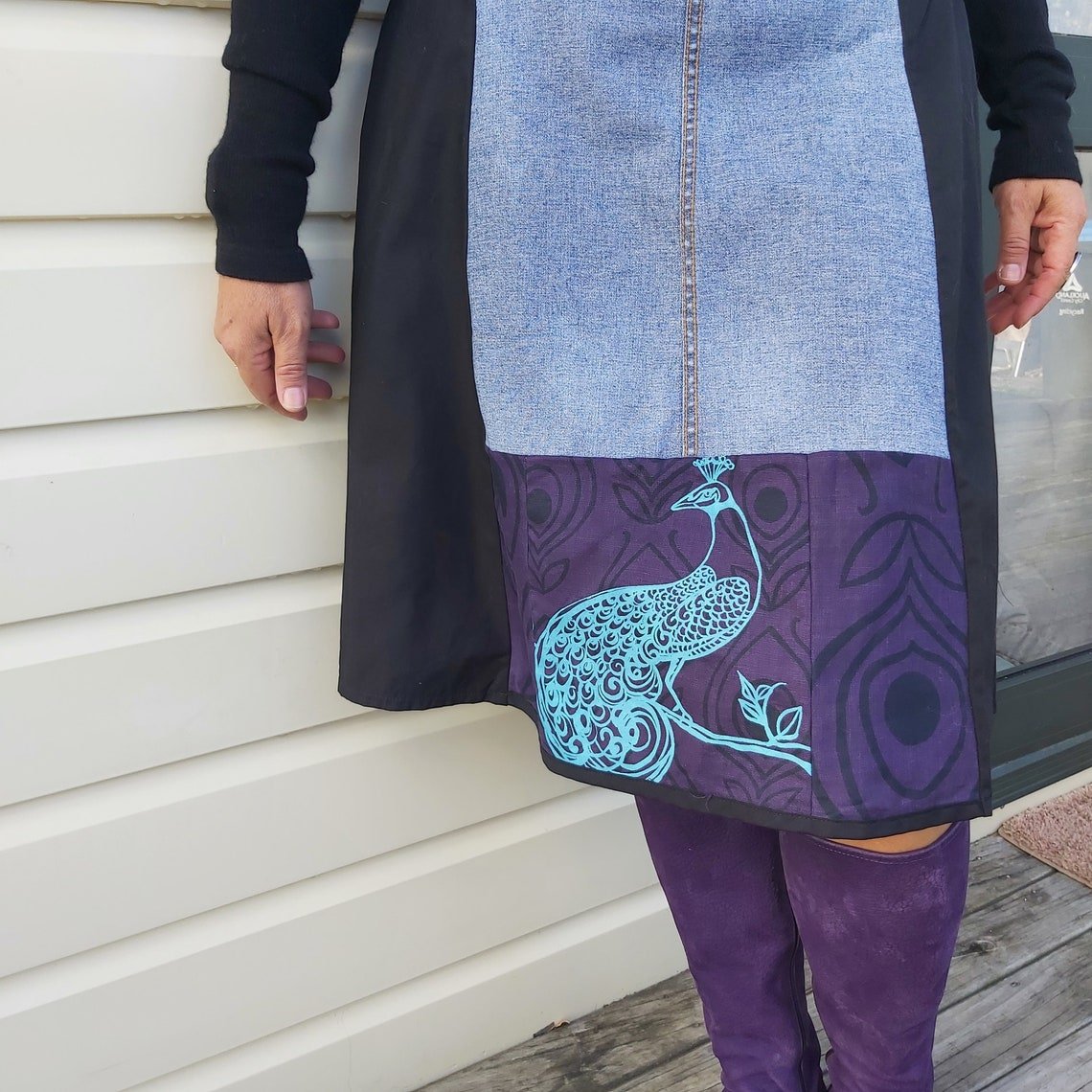 Upcycled Black denim and Purple peacock print skirt - Heke design