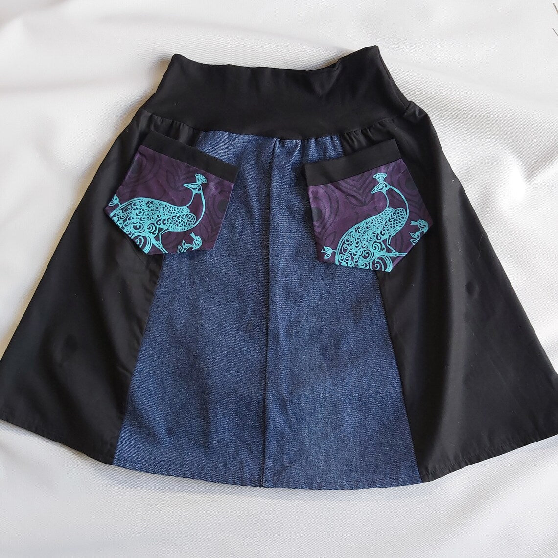 Upcycled Black denim and Purple peacock print skirt - Heke design