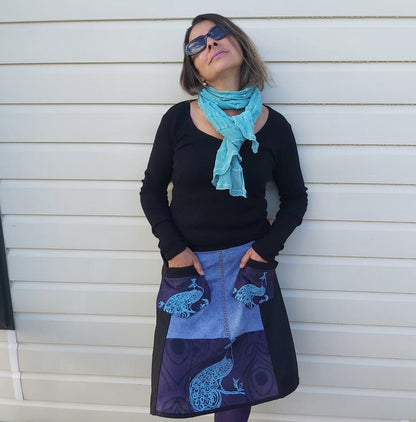 Upcycled Black denim and Purple peacock print skirt - Heke design