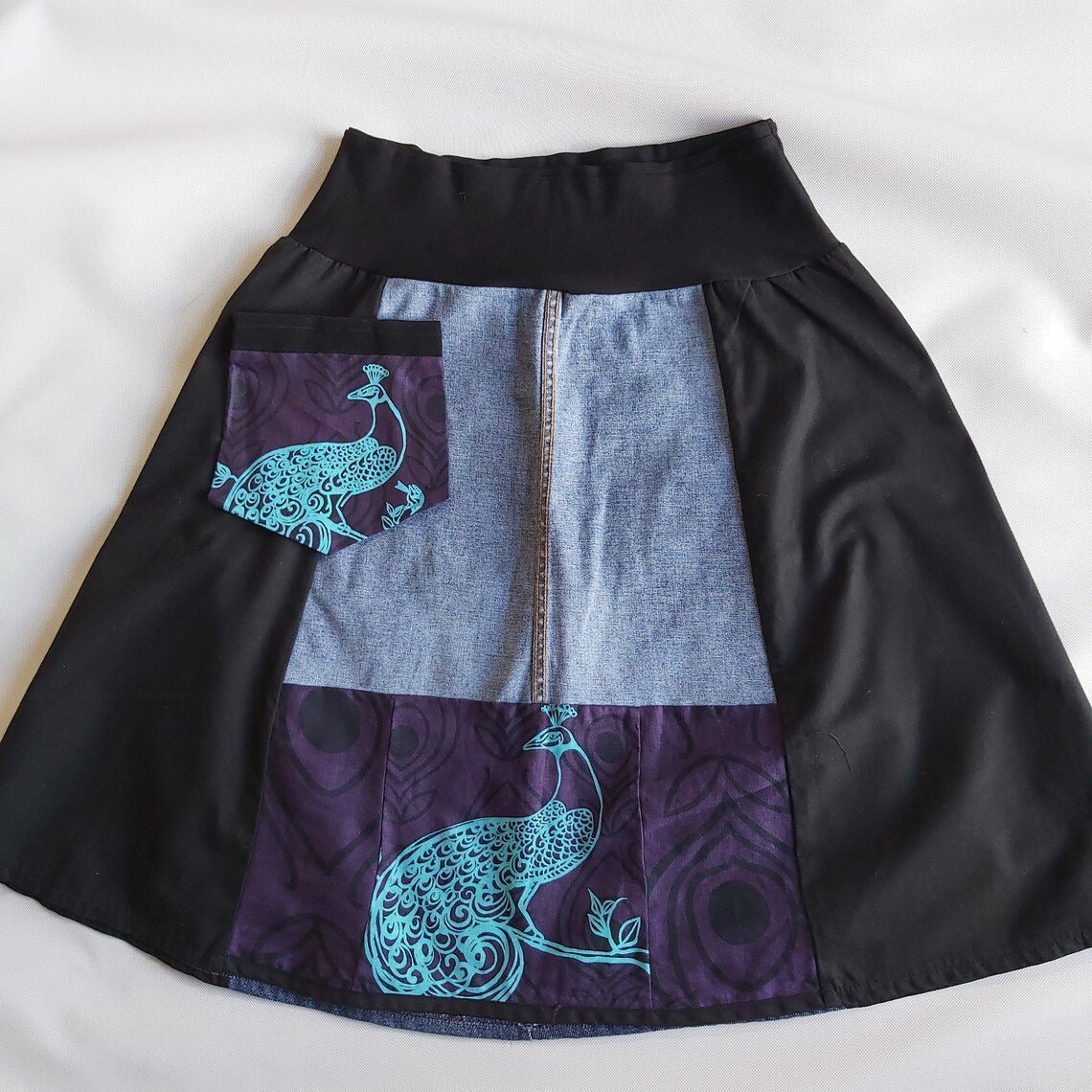 Upcycled Black denim and Purple peacock print skirt - Heke design