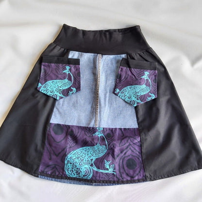 Upcycled Black denim and Purple peacock print skirt - Heke design