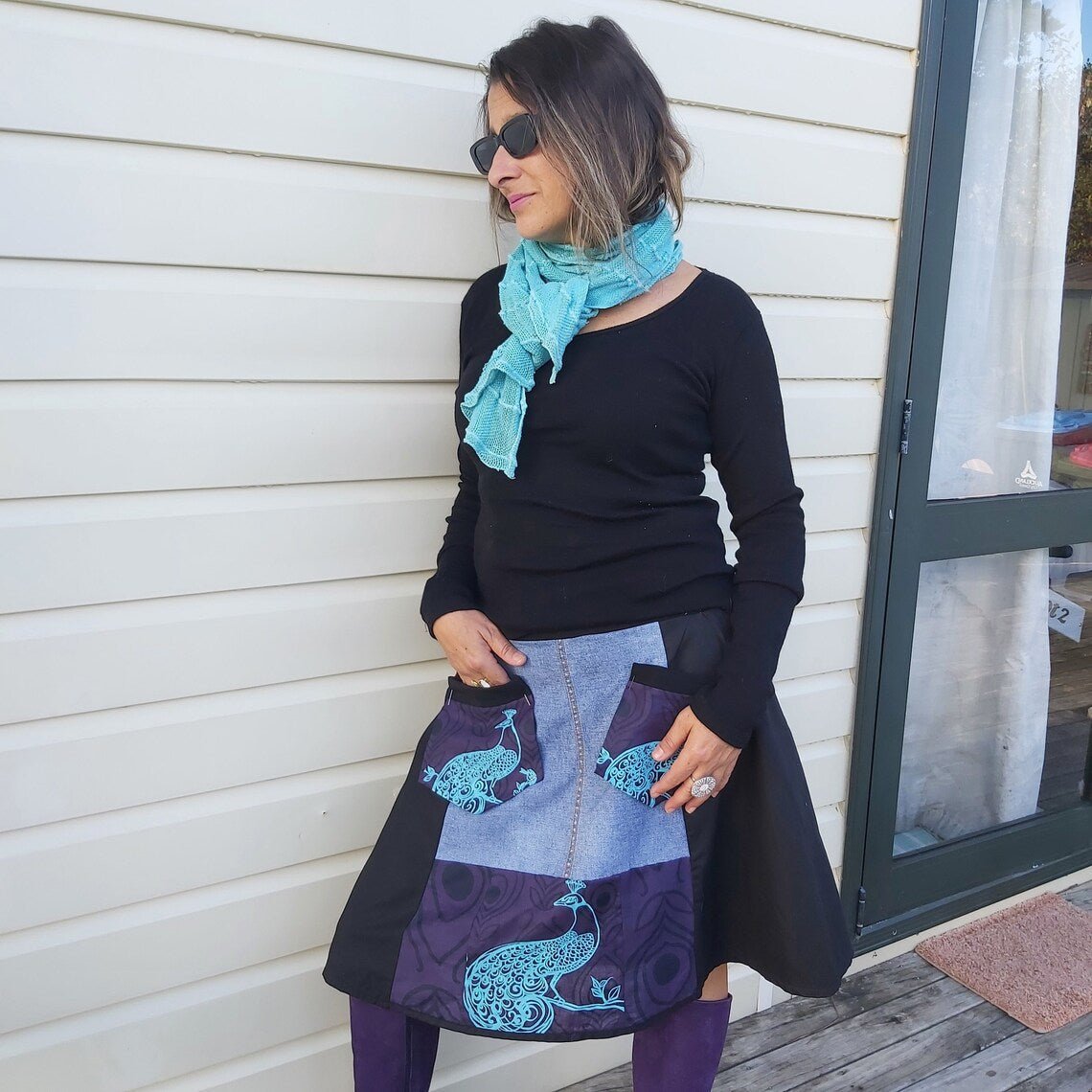 Upcycled Black denim and Purple peacock print skirt - Heke design