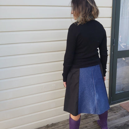 Upcycled Black denim and Purple peacock print skirt - Heke design