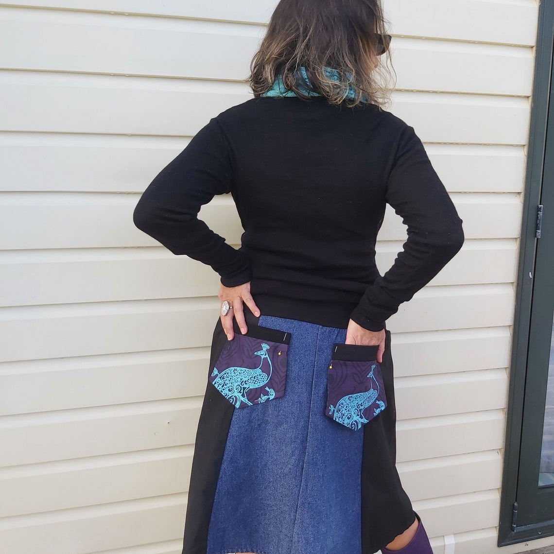 Upcycled Black denim and Purple peacock print skirt - Heke design